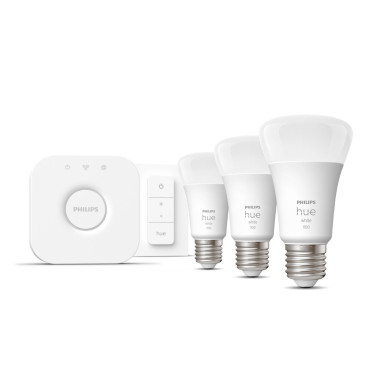 Philips Hue White Kit de démarrage   3 ampoules connectées E27 (1100) + variateur