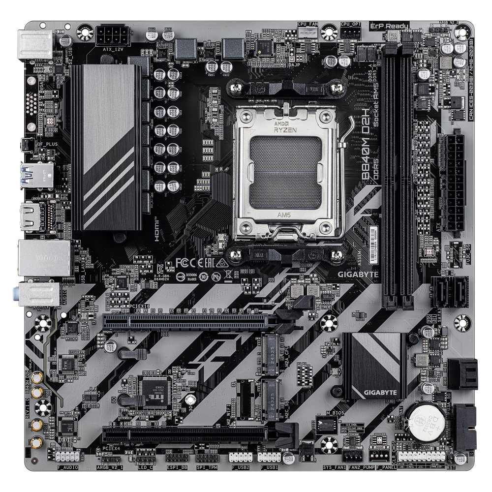 GIGABYTE B840M D2H Carte mère - Processeurs AMD Ryzen 9000, VRM 5+2+2 phases, jusqu'à 7600 MHz DDR5, 1xPCIe 4.0 + 1xPCIe 3.0