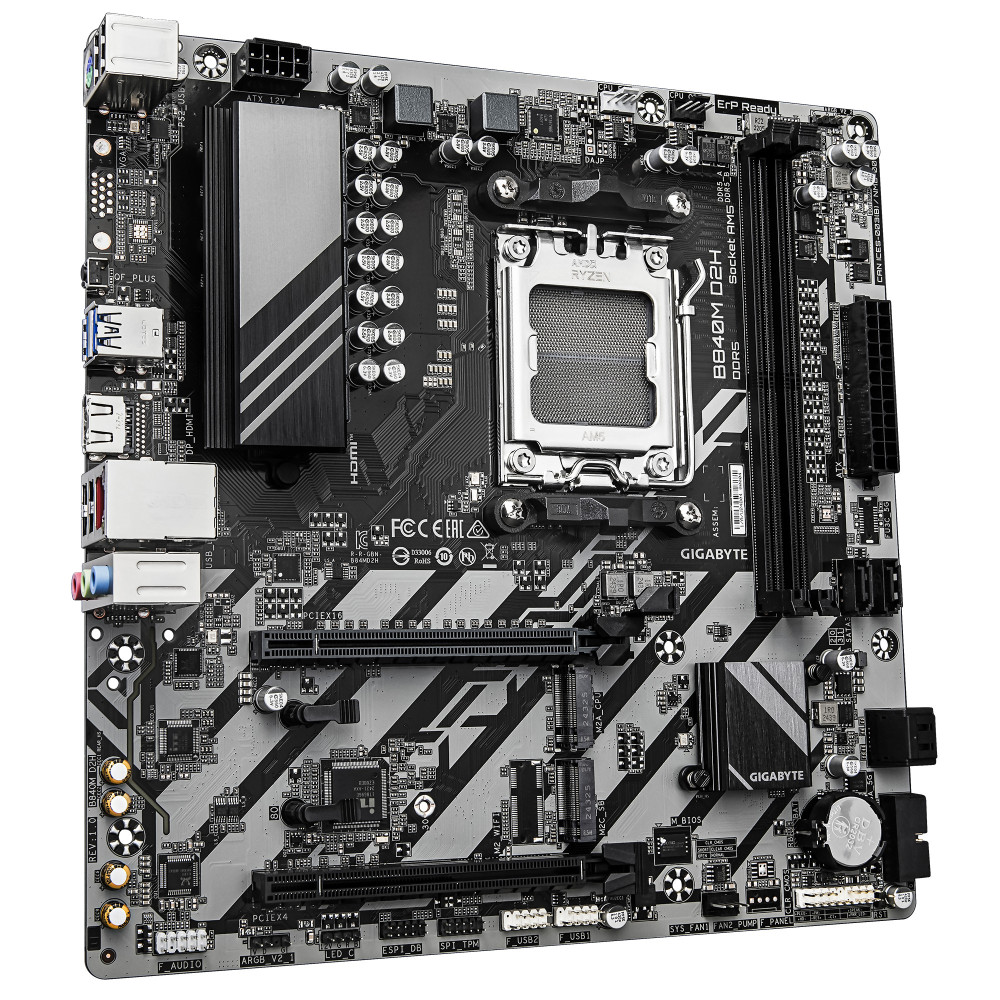 GIGABYTE B840M D2H Carte mère - Processeurs AMD Ryzen 9000, VRM 5+2+2 phases, jusqu'à 7600 MHz DDR5, 1xPCIe 4.0 + 1xPCIe 3.0