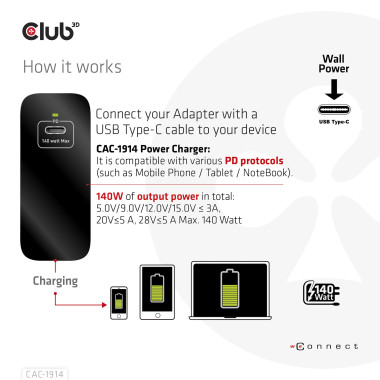 CLUB3D CAC-1914 chargeur d'appareils mobiles Moniteur vidéo pour bébé, Tondeuse pour barbe, Caméscope numérique, Caméra