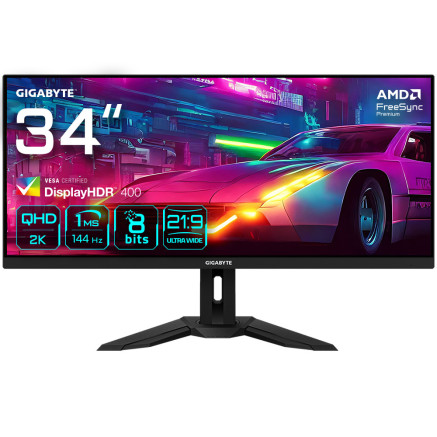 GIGABYTE M34WQ Moniteur de jeu 34" WQHD - 3440 x 1440, 144Hz, 1ms, 400 cd m², FreeSync Premium, Display HDR400, HDMI 2.0,