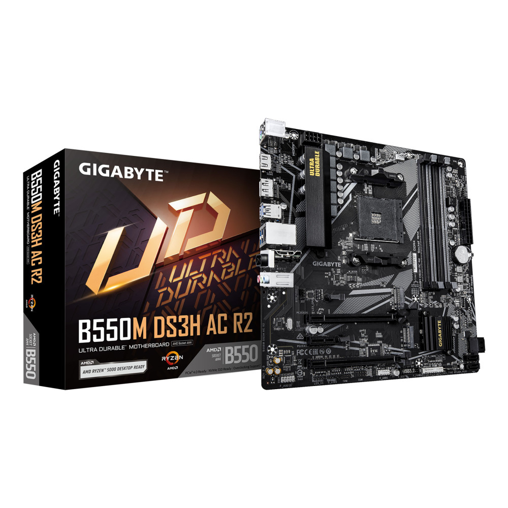 GIGABYTE B550M DS3H AC R2 Carte mère - Processeurs AMD Ryzen 5000, VRM 5+3 phases, jusqu'à 4733 MHz DDR4 (O.C.), 1x M.2 PCIe GIGABYTE B550M DS3H AC R2 Carte mère - Processeurs AMD Ryzen 5000, VRM 5+3 phases, jusqu'à 4733 MHz DDR4 (O.C.), 1x M.2 PCIe