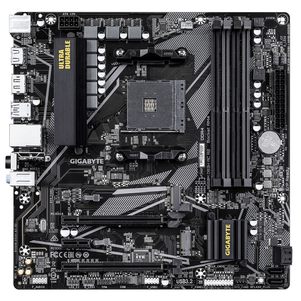 GIGABYTE B550M DS3H AC R2 Carte mère - Processeurs AMD Ryzen 5000, VRM 5+3 phases, jusqu'à 4733 MHz DDR4 (O.C.), 1x M.2 PCIe