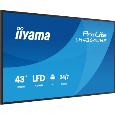 iiyama LH4364UHS-B1AG Écran d'affichage dynamique Écran plat de signalisation numérique 109,2 cm (43") LED Wifi 500 cd m² 4K