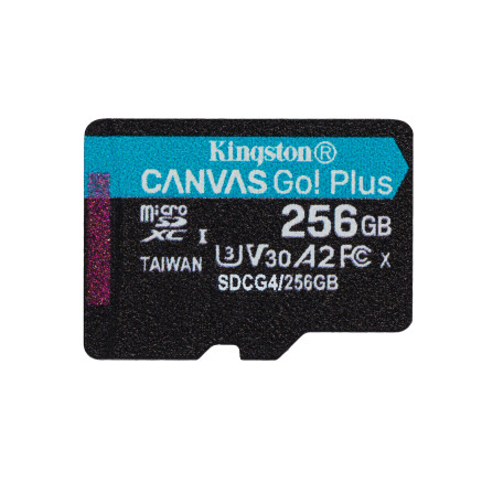 Kingston Technology Carte microSDXC Canvas Go Plus Gen4 200R A2 U3 de 256 Go, pack unique sans ADP