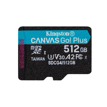 Kingston Technology Carte microSDXC Canvas Go Plus Gen4 200R A2 U3 de 512 Go, pack unique sans ADP