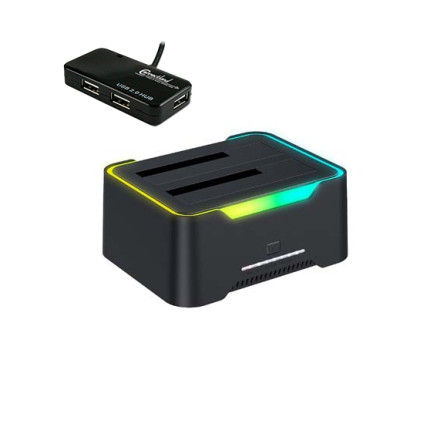 CON00046718 Crazy Pack  STATION 2xHDD SATA SORTIES USB V3 BLACK STATION 2xHDD ABS ILLUMINATED + Hub USB 2.0 4 ports offerts