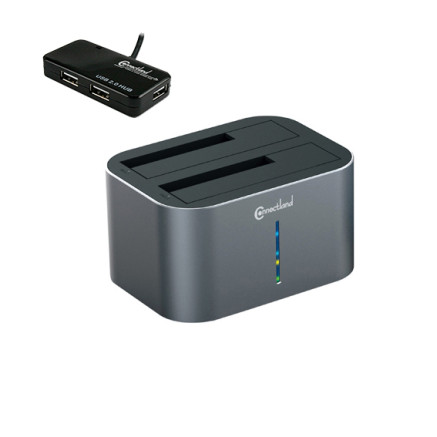 CON00046722 Crazy Pack  Docking pour 2xHDD 2.5/3.5p Sata USB3 Silver + Hub USB 2.0 4 ports offerts