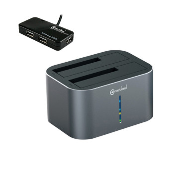 CON00046722 Crazy Pack  Docking pour 2xHDD 2.5/3.5p Sata USB3 Silver + Hub USB 2.0 4 ports offerts