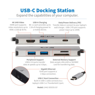 Tripp Lite U442-DOCK5-GY station d'accueil Avec fil USB 3.2 Gen 1 (3.1 Gen 1) Type-C Gris