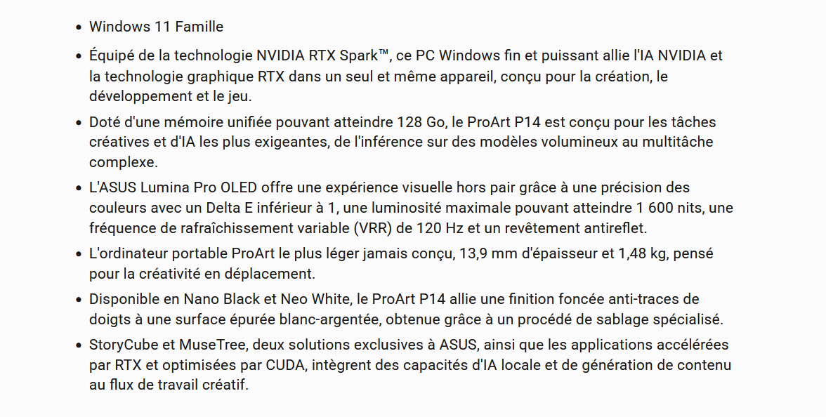 Windows 11 Famille • Technologie NVIDIA RTX Spark • IA NVIDIA • 128 Go de RAM • Ecrna 14 pouces Asus Lumina Pro OLED tacile • Fin 13.9 mm • Léger 1.48 kg • Anti-traces de doigts • Revetement antireflet • StoryCube • Muse Tree