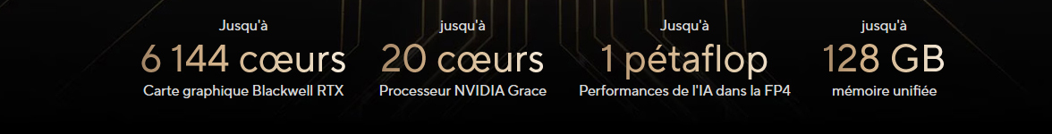 Superpuce NVIDIA RTX Spark • 6144 coeurs | RTX Blackwell • 20 coeurs | NVIDIA Grace • 1 petaflop | IA FP4 • 128 Go | RAM