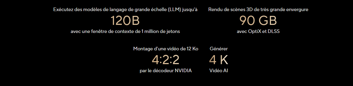 LLM jusqu a 120B | 1 million de jetons • Rendu 3D 90 GB avec OptiX et DLSS • Montage video 4:2:2 • Genration video IA 4K