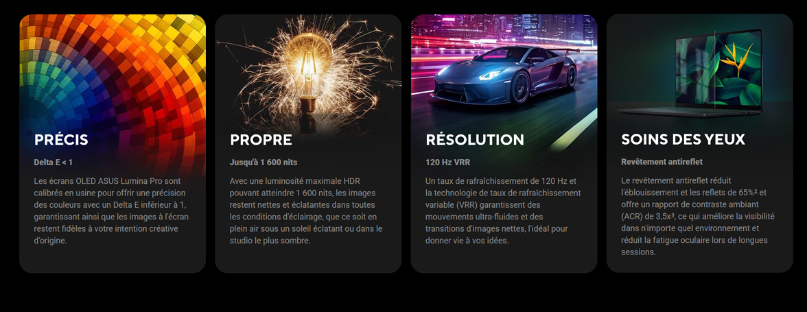 Precis | Delta E < 1 • Propre | Jusqu'a 1600nits • Resolution 120Hz VRR • Soin des yeux | Revetement antireflet