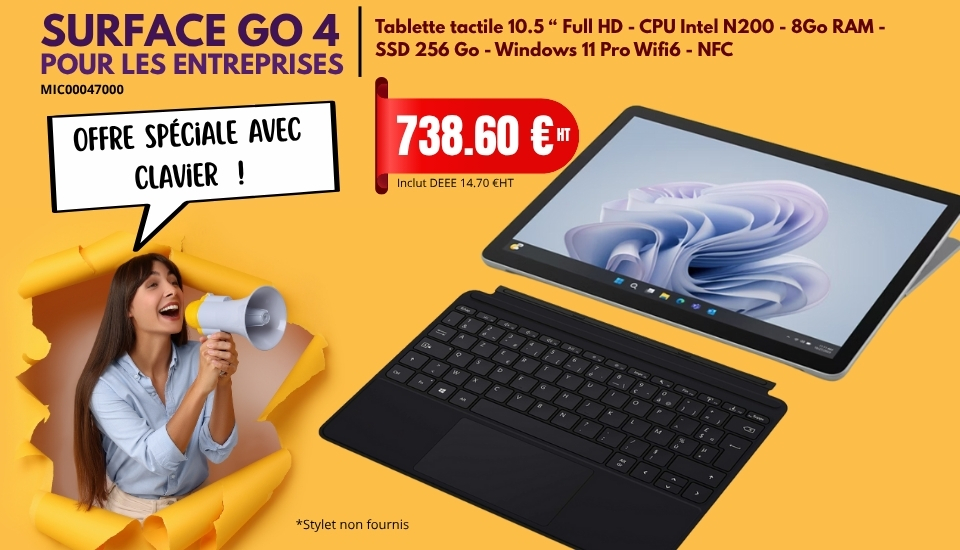 Offre special Microsoft Surface Go 4 pour entreprise - 738.60€ HT avec clavier Microsoft !