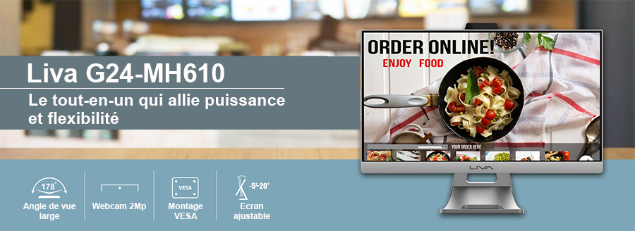 ECS Liva G24-MH610 - Le tout-en-un qui allie puissance et flexibilité : Angle de vue lage, Webcam 2 megapixels, Montage VESA, Ecran ajustable