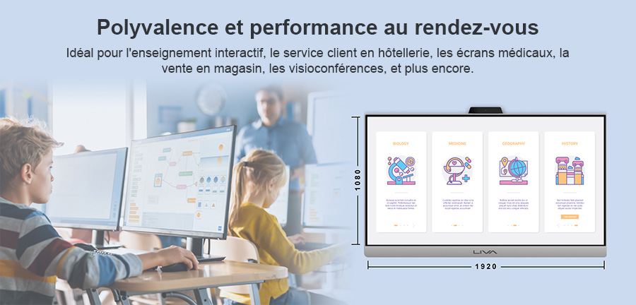 Polyvalence et performance au rendez-vous - Le AIO G24-MH610 offre des performances puissantes avec un écran tactile multipoint de 23,8 pouces et un angle de vision de 178°. Idéal pour l'enseignement interactif, le service client en hôtellerie, les écrans médicaux, la vente en magasin, les visioconférences, et plus encore.