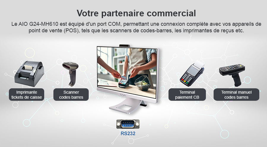 Polyvalence et performance au rendez-vous - Le AIO G24-MH610 offre des performances puissantes avec un écran tactile multipoint de 23,8 pouces et un angle de vision de 178°. Idéal pour l'enseignement interactif, le service client en hôtellerie, les écrans médicaux, la vente en magasin, les visioconférences, et plus encore.