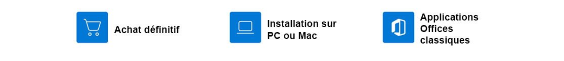 Avatages : Achat définitif (licence perpetuelle) - Installation sur PC ou Mac - Applications Offices classiques (Word, Exce, PowerPoint)