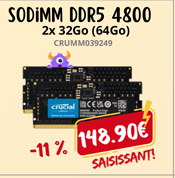Crucial 64GB kit (2x32) 4800MHz DDR5 CL40 SODIMM - 148.90€