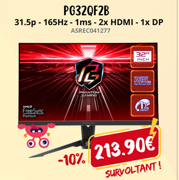 ASROCK PG32QF2B - 31.5p QHD - 165Hz - 1ms - 2x HDMI - 1x DP - 213.90€