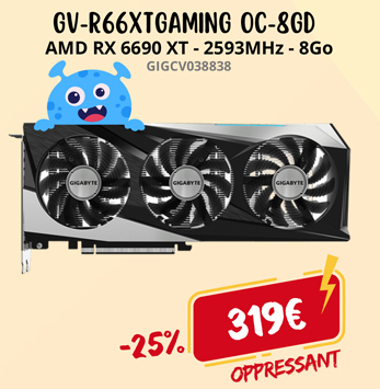 GIGABYTE R66XTGAMING OC-8GD - 2593MHz - 8Go GDDR6 - 2xHDMI - 2xDP - 319€