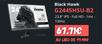 IIyama Black Hawk G2445HSU-B2 - 67.71€ au lieu de 77.90€ | 23.8p IPS - Full HD - 1ms - 100Hz