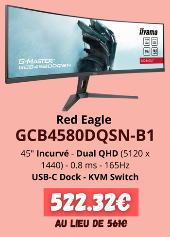 IIyama Red Eagle GCB4580DQSN-B1 - 522.32€ au lieu  de 561€ | 45p incurvé - Dual QHD (5120 x 1440) - 0.8ms - 165Hz - USB-C Dock - KVM Switch