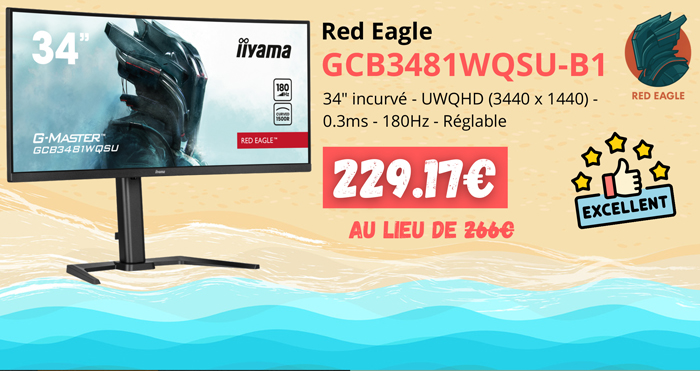 IIyama Red Eagle GCB3481WQSU-B1 - 229.17€ au lieu de 266€ | 34p incurvé - UWQHD (3440 x 1440) - 0.3ms - 180Hz - Réglable
