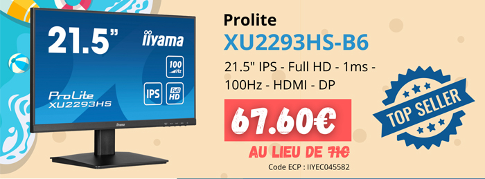 IIyama Prolite XU2293HS-B6 - 67.60€ au lieu  de 71€ | 21.5p IPS - Full HD - 1ms - HDMI - DP