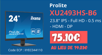 IIyama Prolite XU2493HS-B6 - 75.10€ au lieu de 79.23€ | 23.8p IPS - Full HD - 0.5ms - HDMI - DP
