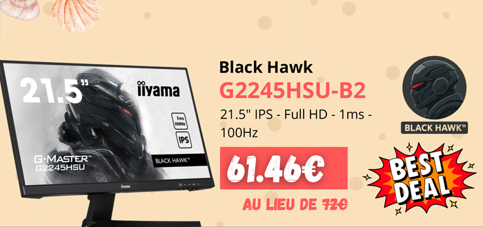 IIyama Black Hawk G2245HSU-B2 - 61.46€ au lieu  de 72€ | 21.5p IPS - Full HD - 1ms - 100Hz