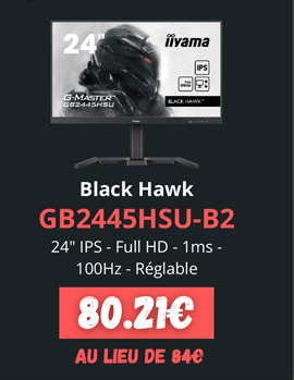 IIyama Black Hawk GB2445HSU-B2 - 80.21€ au lieu  de 84€ | 24p IPS - Full HD - 1ms - 100Hz