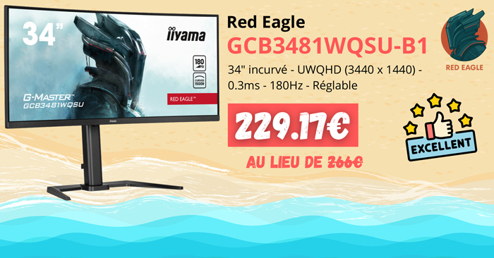 IIyama Red Eagle GCB3481WQSU-B1 - 229.17€ au lieu de 266€ | 34p incurvé - UWQHD (3440 x 1440) - 0.3ms - 180Hz - Réglable